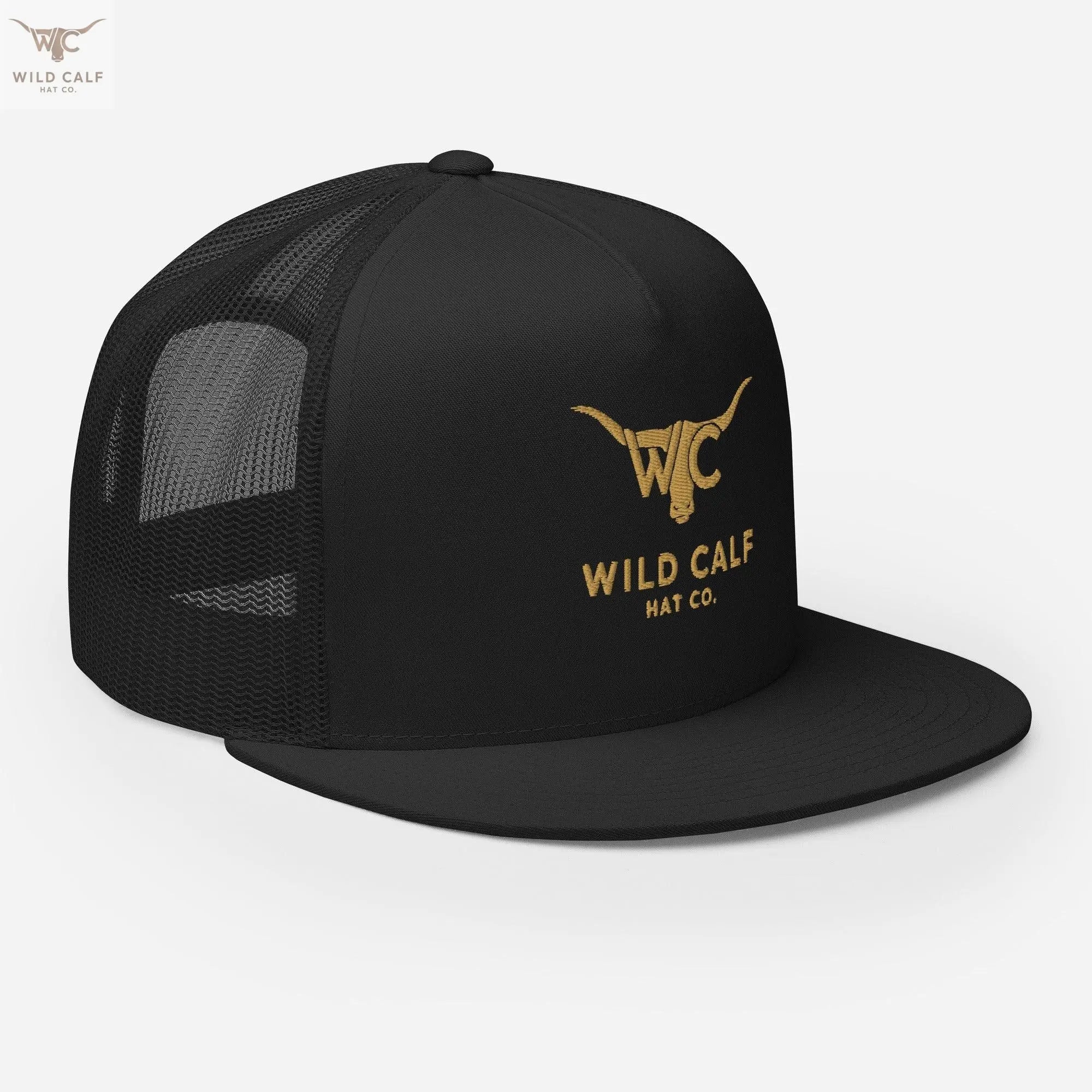 Black 5-panel trucker cap with gold embroidered western longhorn logo and flat bill