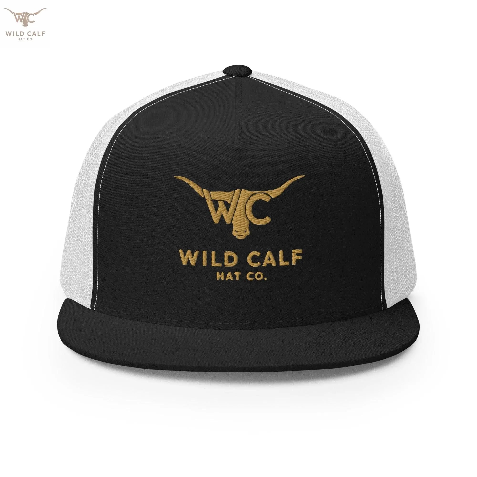 Western style black and white trucker cap with gold longhorn logo and mesh back