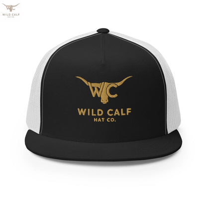 Western style black and white trucker cap with gold longhorn logo and mesh back