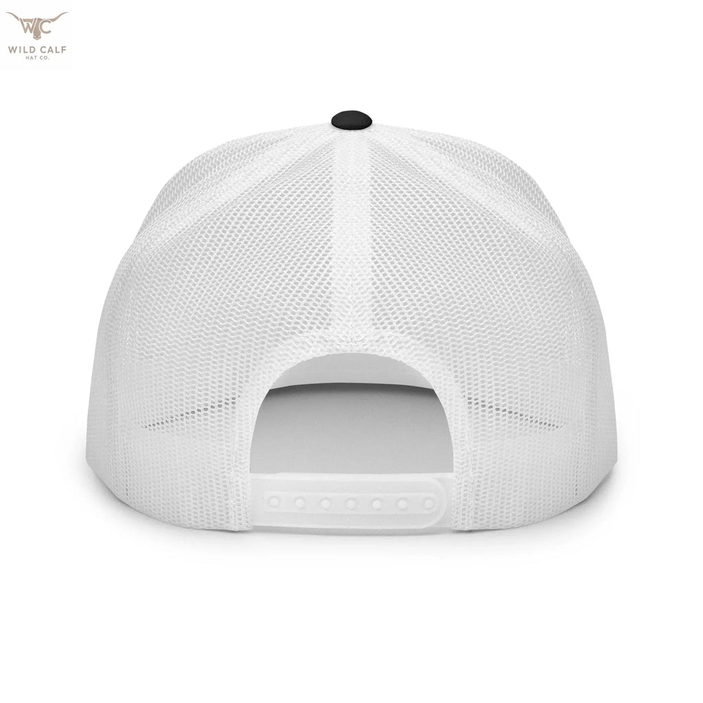 Back view of a white mesh 5-panel trucker cap with snapback closure, western professional style