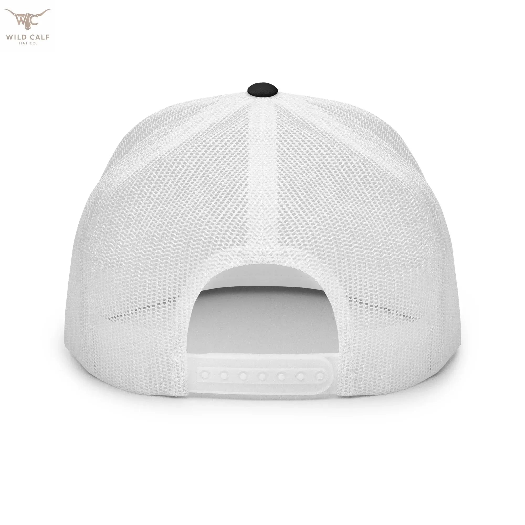 Back view of a white mesh 5-panel trucker cap with snapback closure, western professional style