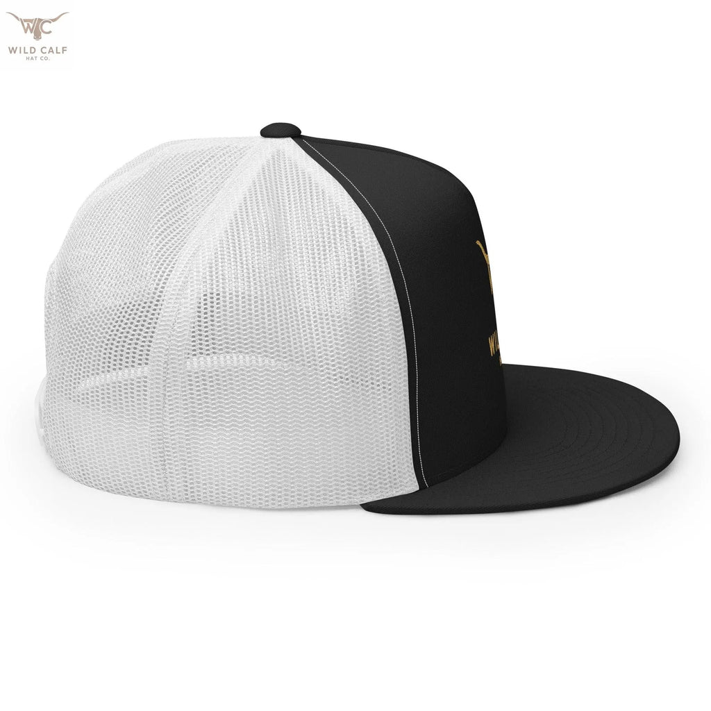 Western style black and white 5-panel trucker cap with mesh back, professional look