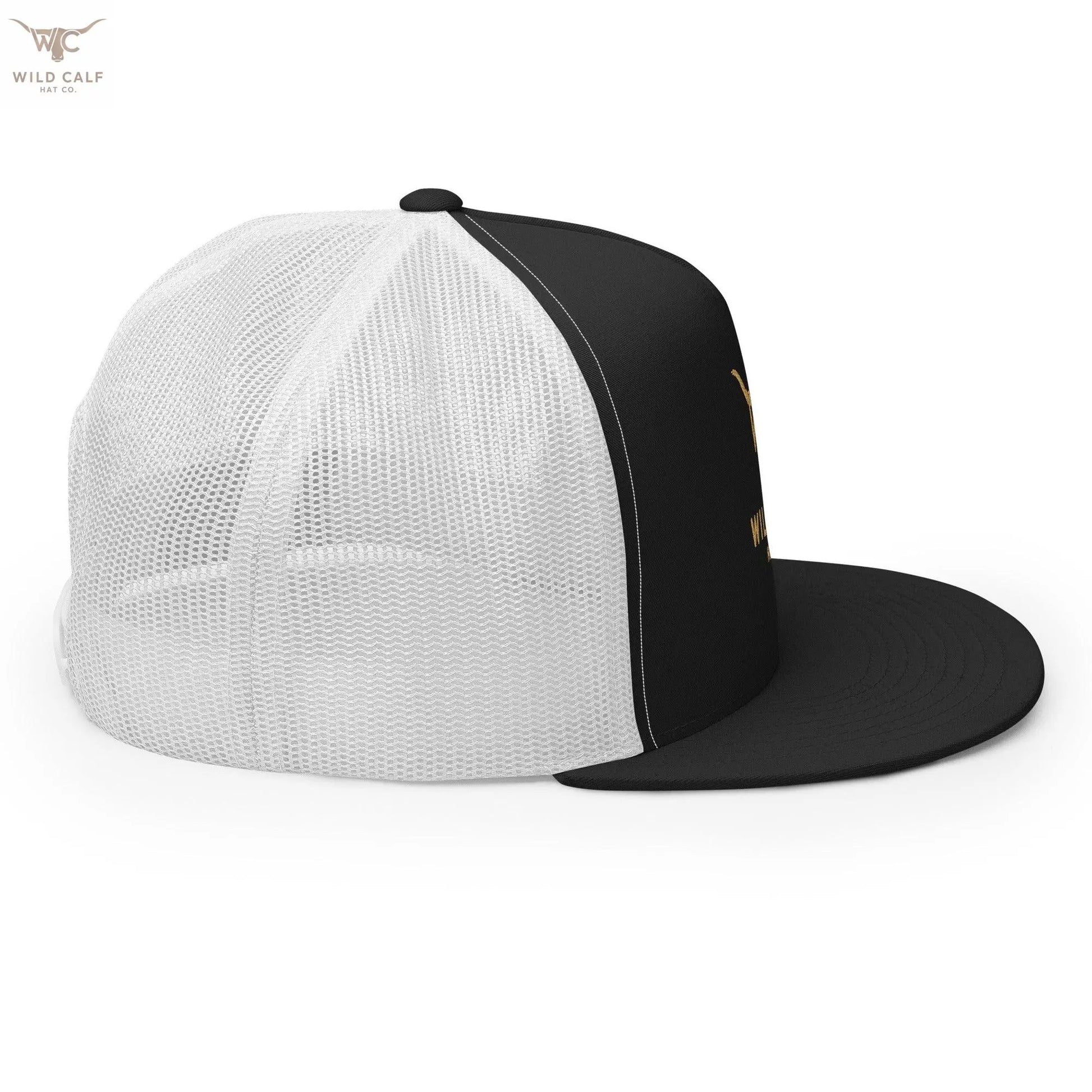 Western style black and white 5-panel trucker cap with mesh back, professional look