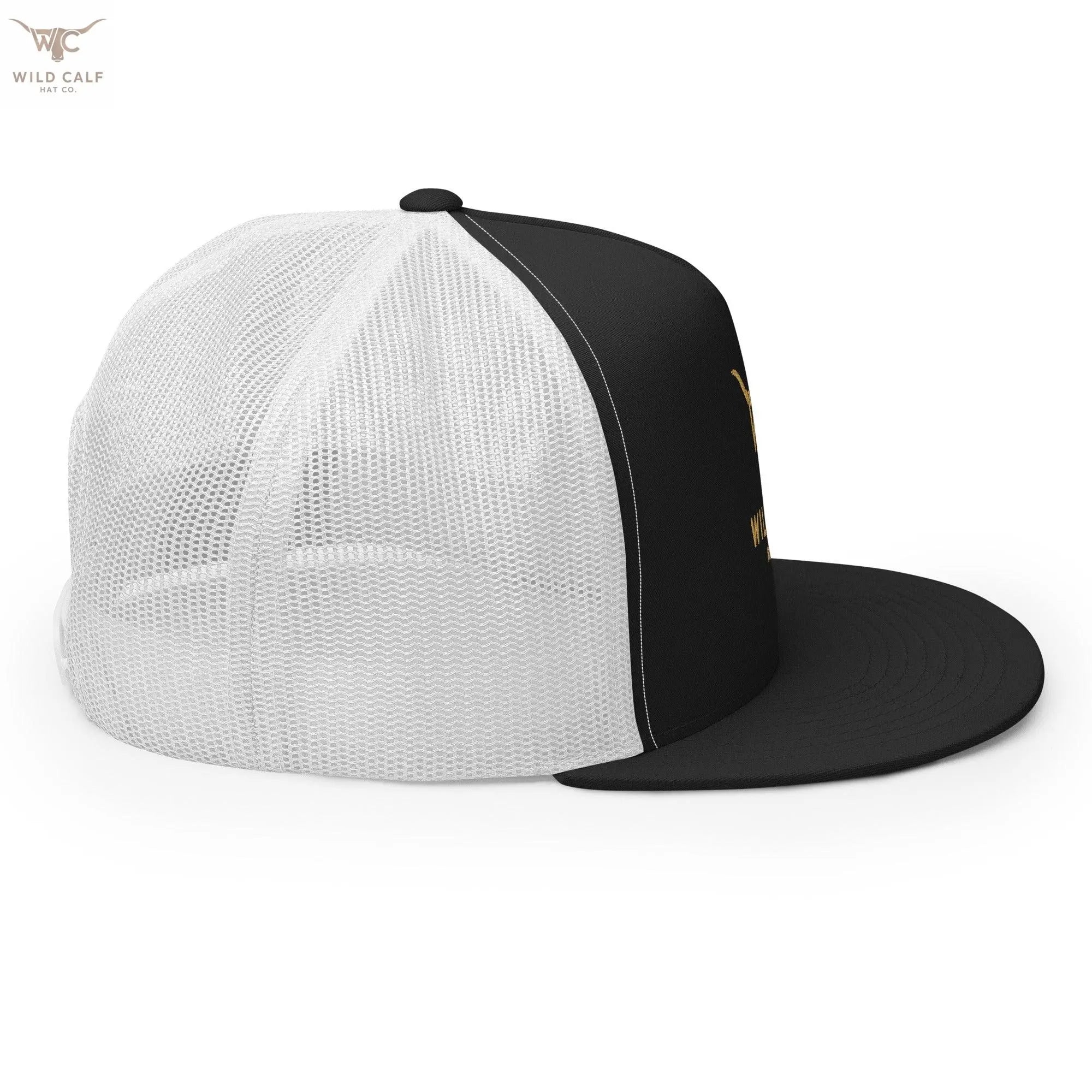 Western style black and white 5-panel trucker cap with mesh back, professional look