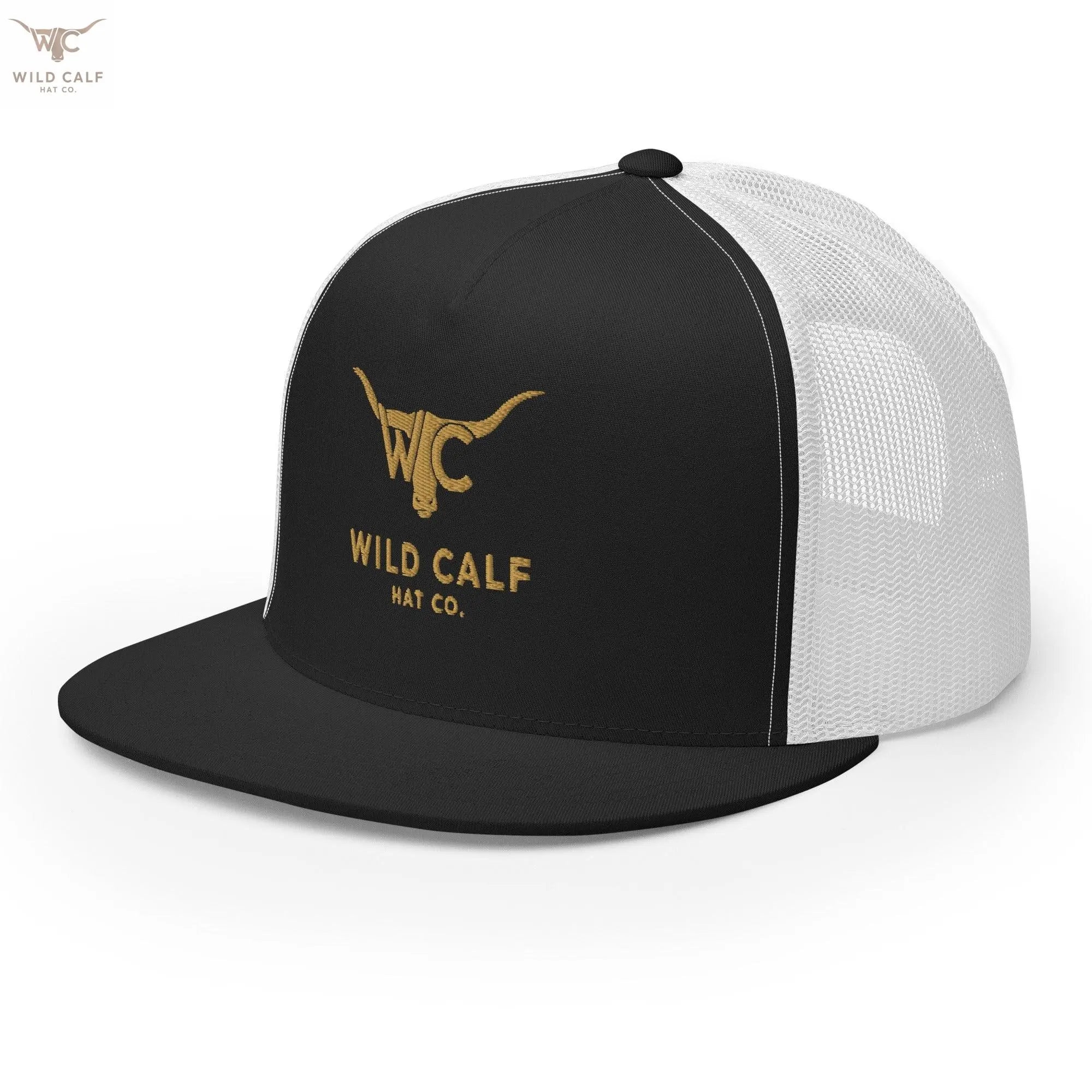 Western black and white 5-panel trucker cap with gold longhorn logo, professional style