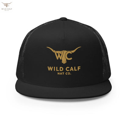 Black 5-panel trucker cap with gold longhorn logo, western mesh hat, professional style