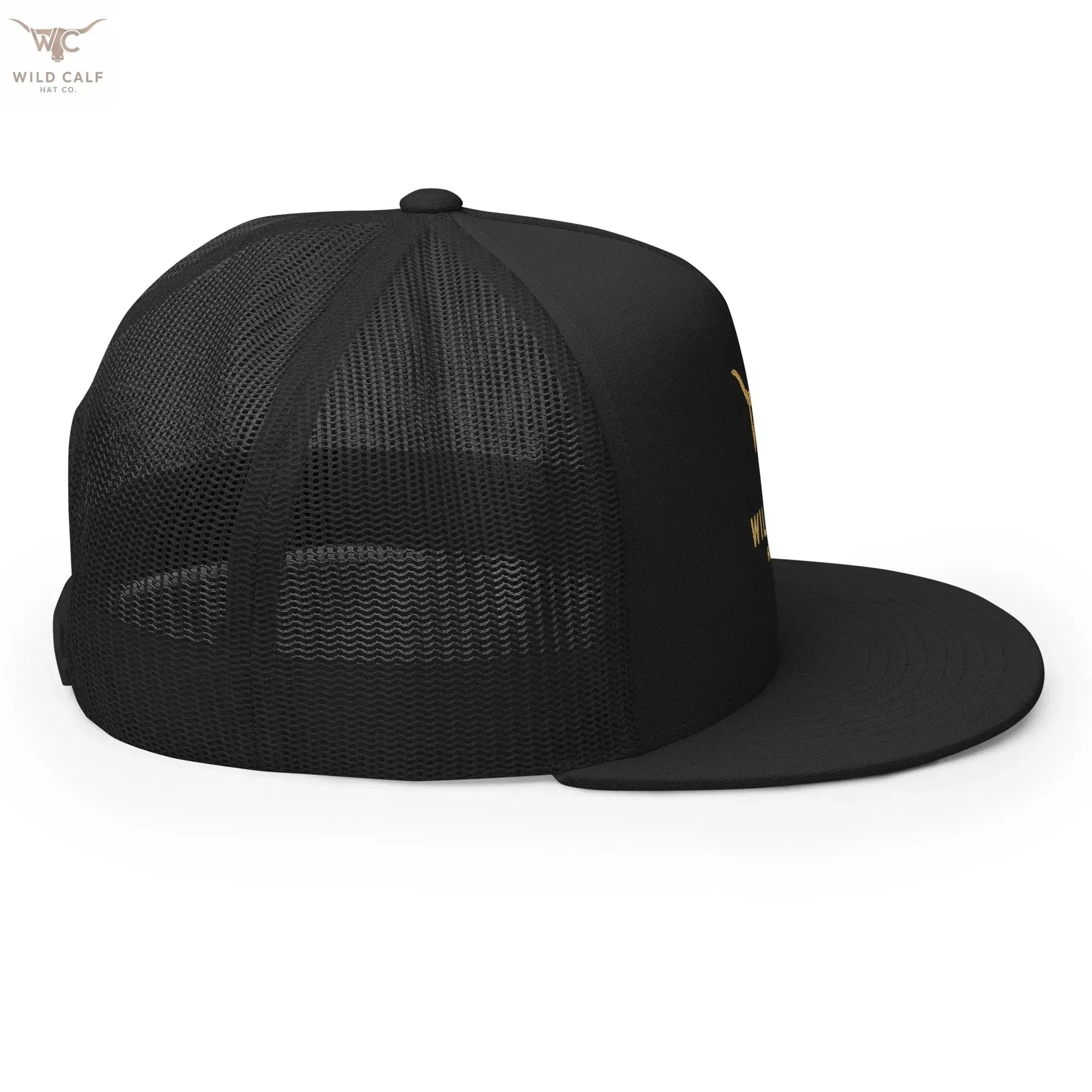 black 5-panel trucker cap with mesh back and flat bill, western professional style