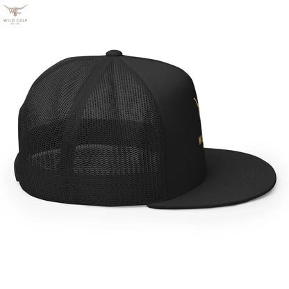 black 5-panel trucker cap with mesh back and flat bill, western professional style