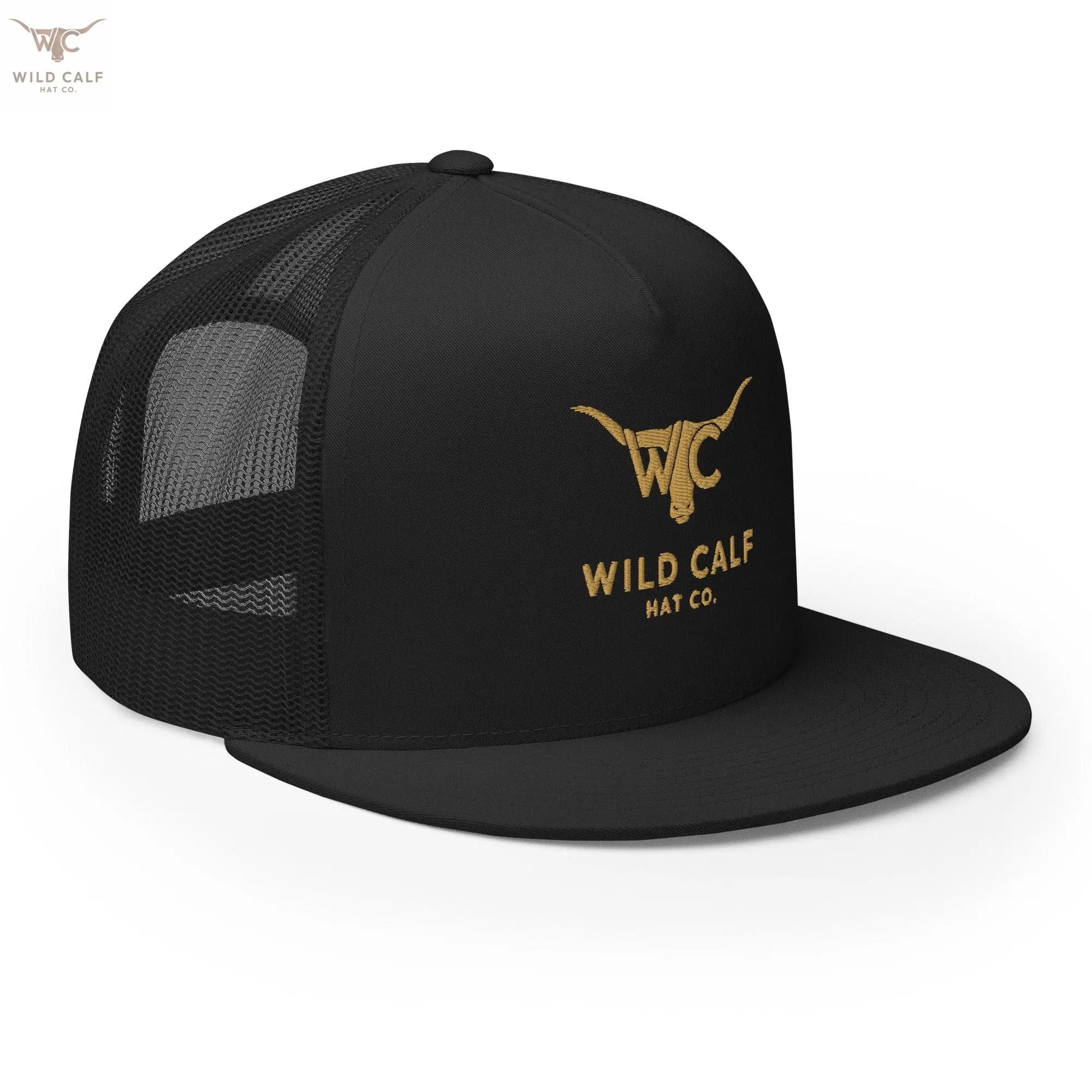 Black western trucker cap with gold embroidered bull logo, mesh back, flat bill
