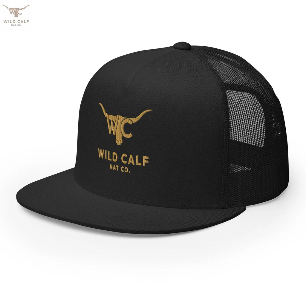 Black western trucker cap with gold longhorn logo and mesh back, stylish and professional