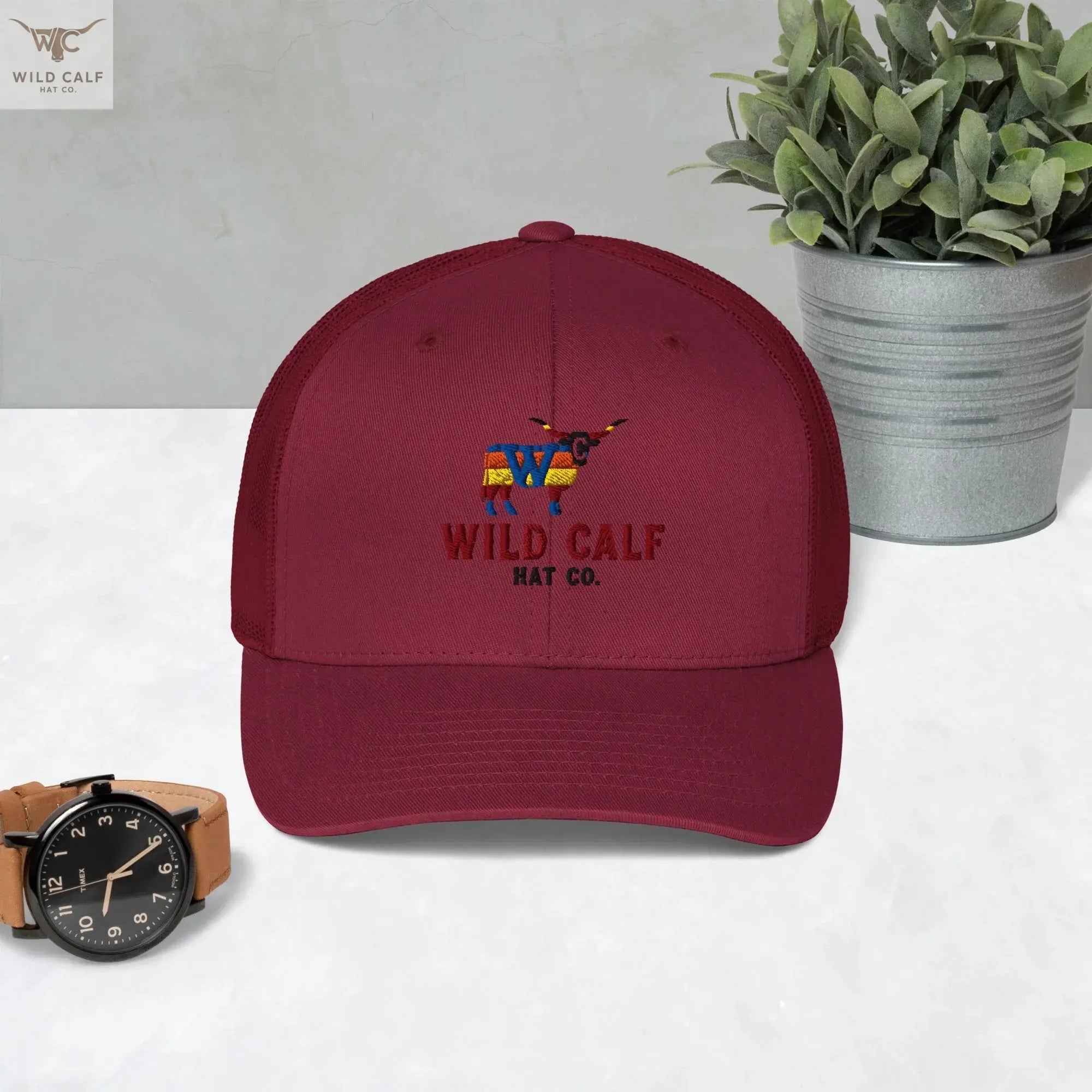Cranberry retro trucker hat with embroidered longhorn, western professional style