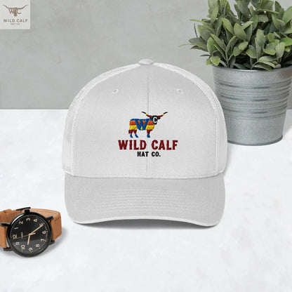 White retro trucker hat with colorful bull logo and 'Wild Calf Hat Co.' text, western style